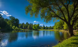 beautiful scenery with blue water and grass near trees