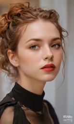 young woman with wavy hair wearing a black shirt and posing with an orange lipstick