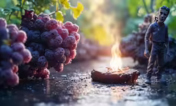 a figurine with a candle and bunches of grapes