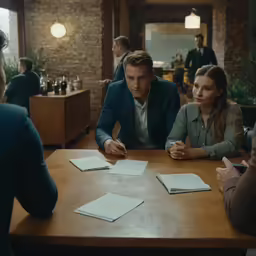 people in a restaurant discussing something while others are sitting around