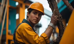 woman in hardhat is holding tree branches with both hands