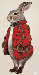 rabbit with coat with a bow around its neck