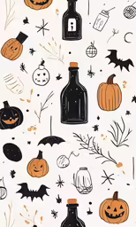 halloween themed wallpaper featuring different bottles and pumpkins