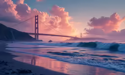 the golden gate bridge stretches into the clouds over the ocean