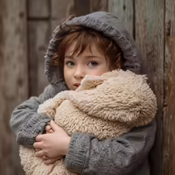a young child wrapped in an oversized hooded teddy bear