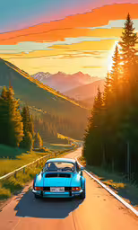 a blue car driving down the road during sunset,a blue sports car driving down a road next to trees