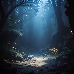 a forest with very dark green trees and rocks