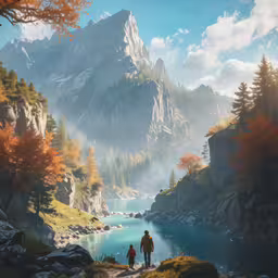 an artist painted this painting of people walking through a valley