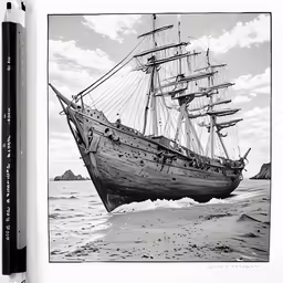 a drawing of an old ship in black and white