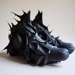 black spiky object on the floor with the reflection of it