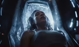 a girl is sleeping in a blue room