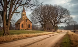 old church with dirt road in rural area