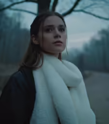 a beautiful young woman in black jacket and scarf