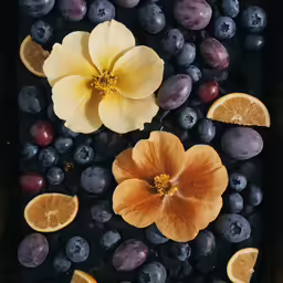 blueberries, oranges, and an orange flower in the background