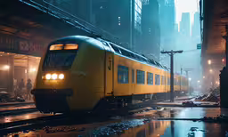 a yellow train is going down the tracks at night,a train is riding through an urban area