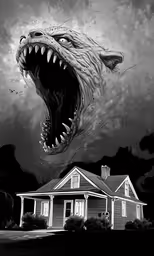 a house and a large godzilla is being chased