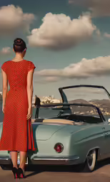 a woman looking at a old model car