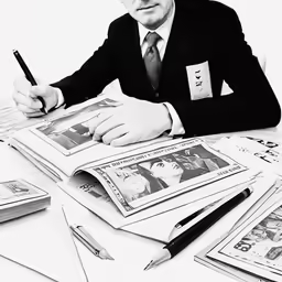 a man in suit and tie sitting at a desk with papers
