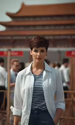 a woman standing in front of a large chinese pagoda