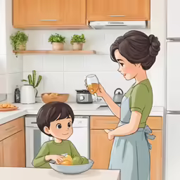 a mom and son are in the kitchen together