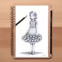 a drawing of a little girl holding flowers,a drawing of a girl standing next to a pen and a notebook