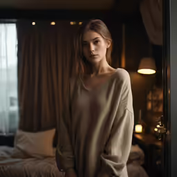a woman stands in a dark room