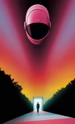 a pink helmet is above a doorway that looks like the image has an open door and the silhouette of a person standing in front of it
