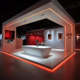 an exhibition booth at a retail store, with a white bathtub in the middle