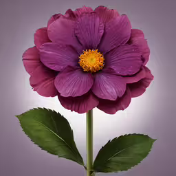 a purple flower with a yellow center on a white background,purple flower with green leaves on a gray background