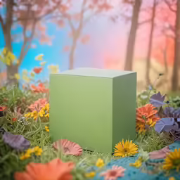 a cube on the grass in a field full of flowers
