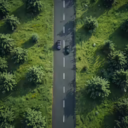 three cars drive down the street surrounded by trees
