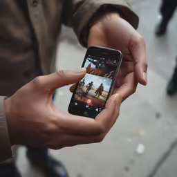 a person holding a cellphone with a movie on the screen