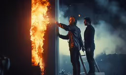two men looking into a large door with fire