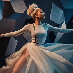 a woman in a skirt and shirt in a studio