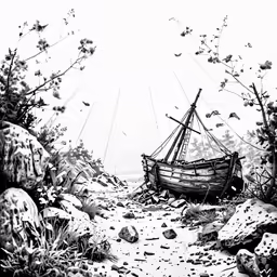 a drawing of a boat that is on a rocky shore