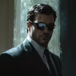 a man is looking out a window wearing sunglasses