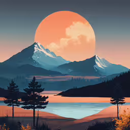 this is an image of a sunset and mountains,a digital painting of mountains and trees at sunset