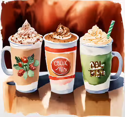 a few cups of various beverages on top of a table,three cups that are filled with various types of food
