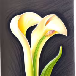 the yellow flowers are in the glass vase,painting of a flower with green and yellow tips,a drawing of a plant on black background,a painting of two flowers that look like they are growing,an oil painting of two white calla lilies on a black background
