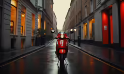 a moped parked along an alley way at night