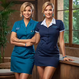 two airline attendants standing next to each other