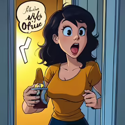 an anime character holding a camera in the hallway