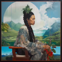 painting of a woman sitting on a bench,there is a painting of a woman sitting on a bench