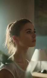 a woman with a ponytail standing next to a desk