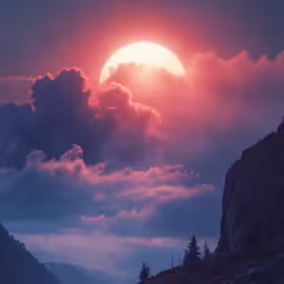 the sun setting over the mountains in a large sky