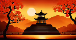 a chinese temple with some pink and orange trees,an image of a beautiful asian sunset with pagoda