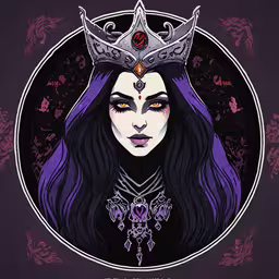 a drawing of a woman in a crown, with the words of wimp written below it,an artistic painting of the witch queen in a circle with her crown on her head