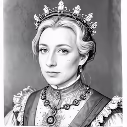 a black and white portrait of a woman in medieval clothing