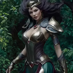 woman in a costume stands among trees wearing a helmet and armor