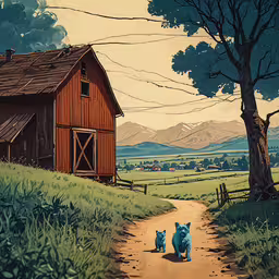 an image of a country scene with two cats,there are two animals that are walking down the road